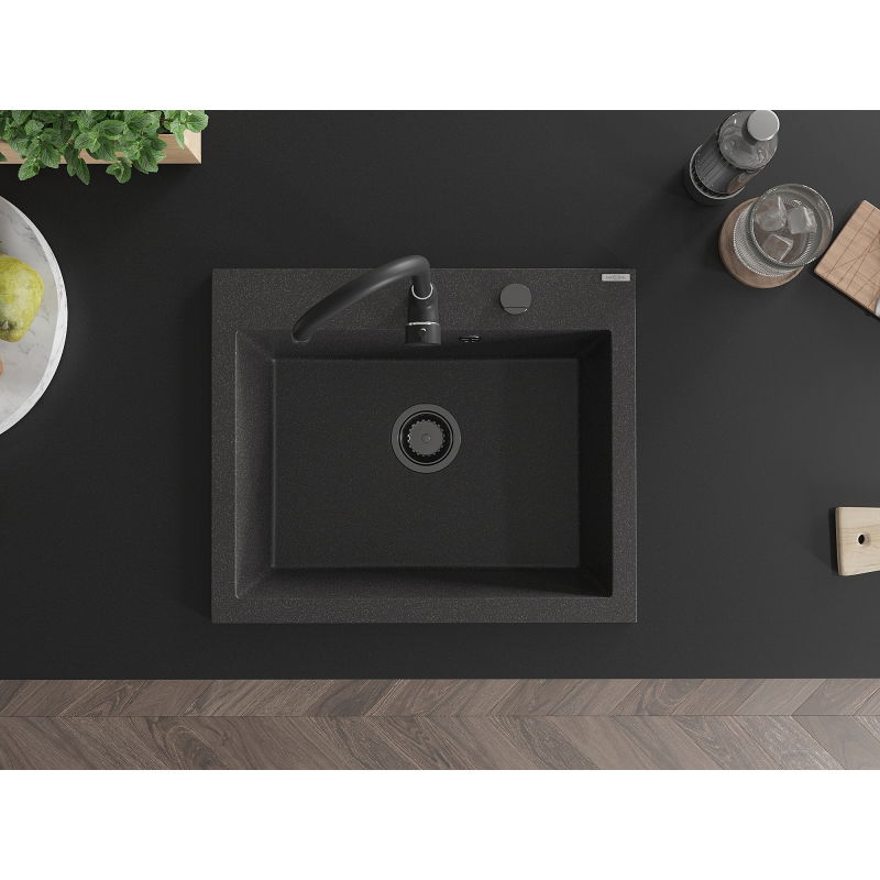 Mexen Elix dřez žulový jednokomorový 600 x 500 mm, černý s tečkami, černý sifon - 6525601005-76-B