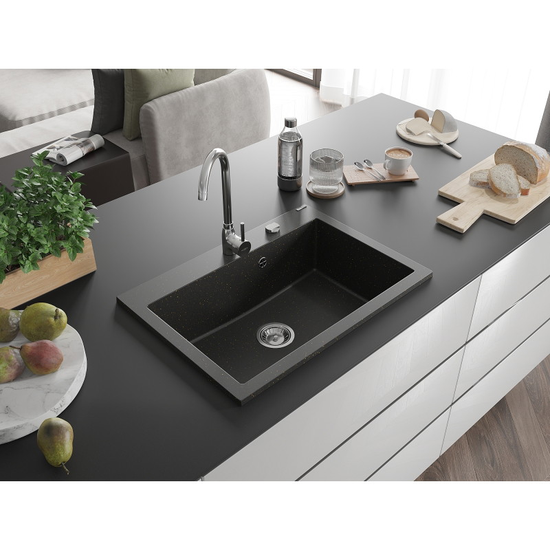 Mexen Elix granitový dřez 1-komorový 700 x 500 mm, černý/zlatý metalik, sifon chrom - 6526701005-75