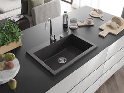 Mexen Elix granitový dřez 1-komorový 700 x 500 mm, černý skvrnitý, sifon chrom - 6526701005-76