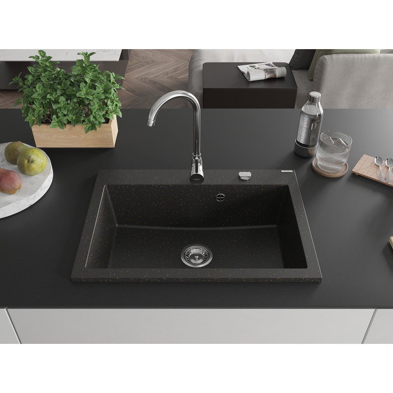 Mexen Elix granitový dřez 1-komorový 700 x 500 mm, černý/zlatý metalik, sifon chrom - 6526701005-75