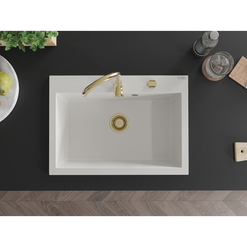 Mexen Elix granitový dřez 1-komorový 700 x 500 mm, bílý, zlatý sifon - 6526701005-20-G