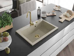 Mexen Elix granitový dřez 1-komorový 700 x 500 mm, béžový, sifon zlatý - 6526701005-69-G