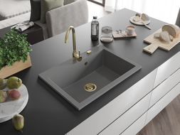 Mexen Elix granitový dřez 1-komorový 700 x 500 mm, šedý, sifon zlatý - 6526701005-71-G