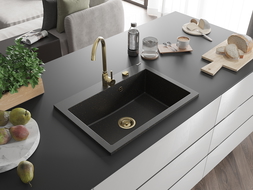 Mexen Elix granitový dřez 1-komorový 700 x 500 mm, černý/zlatý metalík, sifon zlatý - 6526701005-75-G