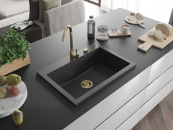 Mexen Elix granitový dřez 1-komorový 700 x 500 mm, černý tečkovaný, zlatý sifon - 6526701005-76-G