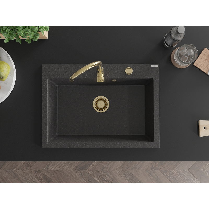 Mexen Elix granitový dřez 1-komorový 700 x 500 mm, černý tečkovaný, zlatý sifon - 6526701005-76-G