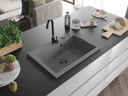 Mexen Elix granitový dřez 1-komorový 700 x 500 mm, šedý, černý sifon - 6526701005-71-B