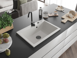 Mexen Elix granitový dřez 1-komorový 700 x 500 mm, bílý, černý sifon - 6526701005-20-B