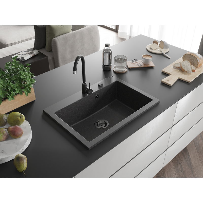 Mexen Elix granitový dřez s jednou komorou 700 x 500 mm, černý s tečkami, černý sifon - 6526701005-76-B