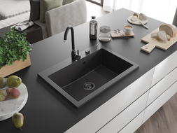 Mexen Elix granitový dřez s jednou komorou 700 x 500 mm, černý s tečkami, černý sifon - 6526701005-76-B