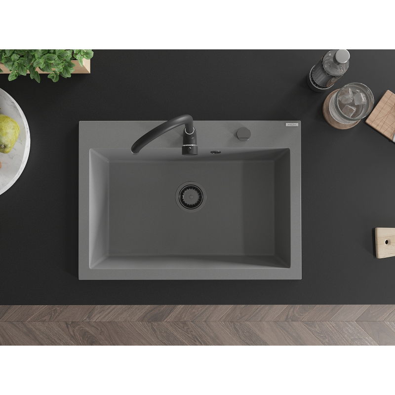 Mexen Elix granitový dřez 1-komorový 700 x 500 mm, šedý, černý sifon - 6526701005-71-B