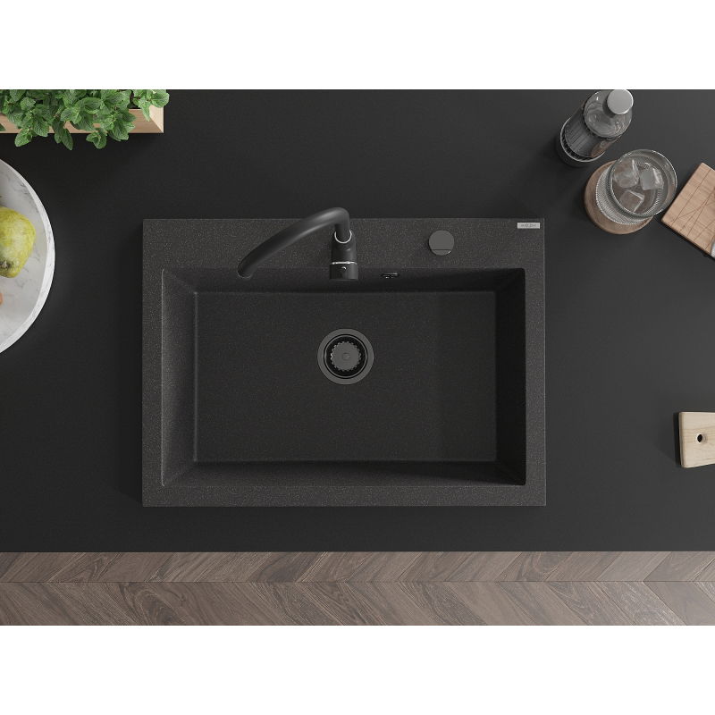 Mexen Elix granitový dřez s jednou komorou 700 x 500 mm, černý s tečkami, černý sifon - 6526701005-76-B