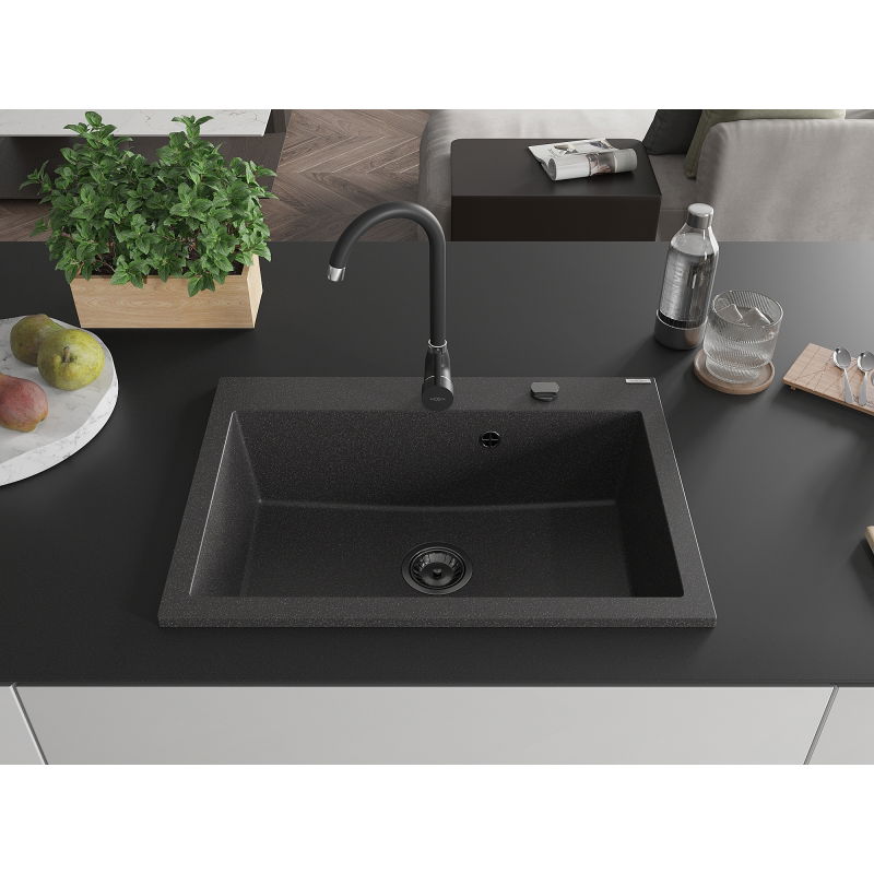 Mexen Elix granitový dřez s jednou komorou 700 x 500 mm, černý s tečkami, černý sifon - 6526701005-76-B