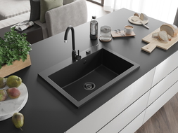 Mexen Elix granitový dřez 1-komorový 700 x 500 mm, černý, černý sifon - 6526701005-77-B