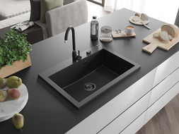 Mexen Elix granitový dřez 1-komorový 700 x 500 mm, černý/stříbrný metalík, černý sifon - 6526701005-73-B