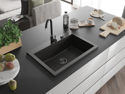 Mexen Elix granitový dřez jednokomorový 700 x 500 mm, černý/zlatý metalický, černý sifon - 6526701005-75-B