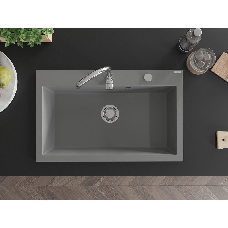 Mexen Elix kuchyňský dřez granitový 1-komorový 800 x 500 mm, šedý, sifon chrom - 6527801005-71