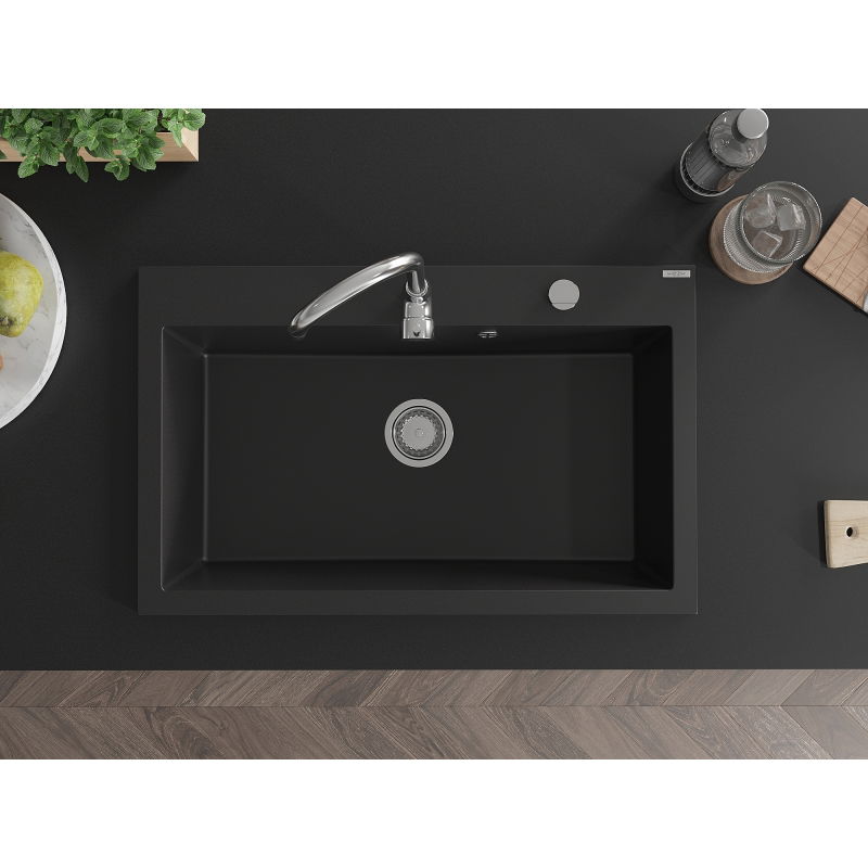 Mexen Elix granitový dřez s jednou komorou 800 x 500 mm, černý, sifon chrom - 6527801005-77