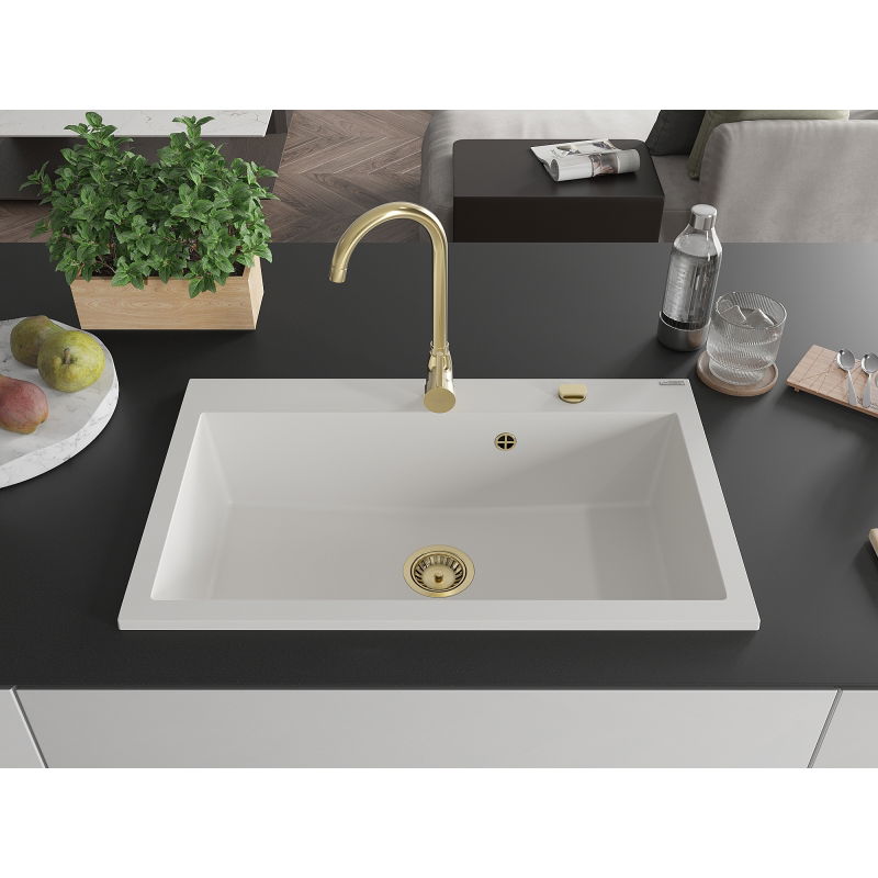 Mexen Elix granitový dřez 1-komorový 800 x 500 mm, bílý, zlatý sifon - 6527801005-20-G