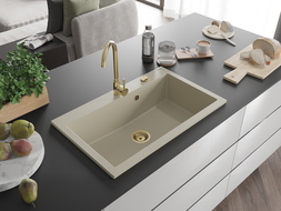 Mexen Elix granitový dřez 1-komorový 800 x 500 mm, béžový, zlatý sifon - 6527801005-69-G