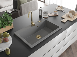 Mexen Elix granitový dřez 1-komorový 800 x 500 mm, šedý, zlatý sifon - 6527801005-71-G