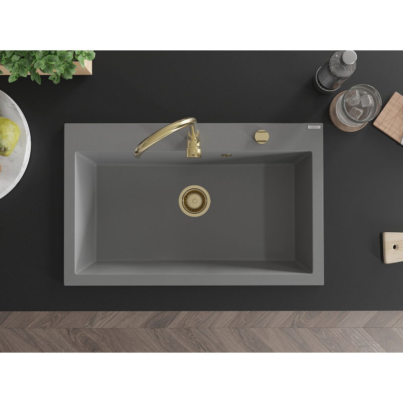 Mexen Elix granitový dřez 1-komorový 800 x 500 mm, šedý, zlatý sifon - 6527801005-71-G