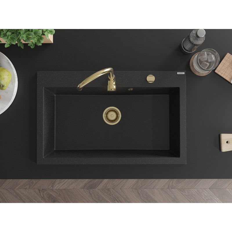 Mexen Elix granitový dřez s jednou komorou 800 x 500 mm, černý/stříbrný metalický, sifon zlatý - 6527801005-73-G