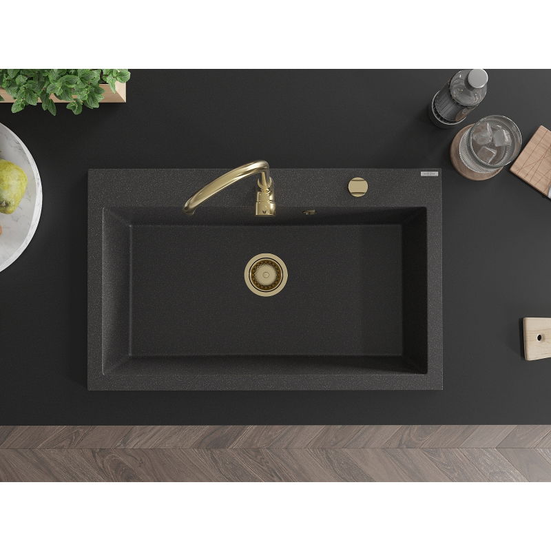 Mexen Elix jednodřezový kuchyňský dřez 800 x 500 mm, černý s tečkami, zlatý sifon - 6527801005-76-G