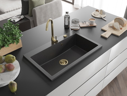 Mexen Elix jednodřezový kuchyňský dřez 800 x 500 mm, černý s tečkami, zlatý sifon - 6527801005-76-G