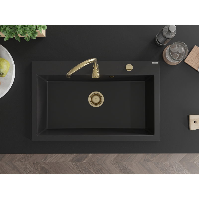 Mexen Elix granitový dřez 1-komorový 800 x 500 mm, černý, zlatý sifon - 6527801005-77-G