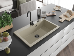 Mexen Elix granitový dřez s 1 komorou 800 x 500 mm, béžový, černý sifon - 6527801005-69-B