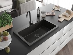 Mexen Elix granitový dřez 1-komorový 800 x 500 mm, černý/zlatý metalický, černý sifon - 6527801005-75-B