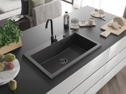 Mexen Elix granitový dřez 1-komorový 800 x 500 mm, černý kropenatý, černý sifon - 6527801005-76-B