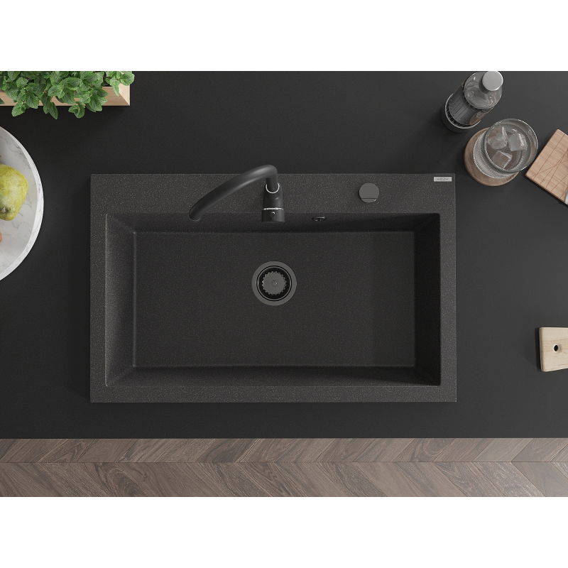Mexen Elix granitový dřez 1-komorový 800 x 500 mm, černý kropenatý, černý sifon - 6527801005-76-B