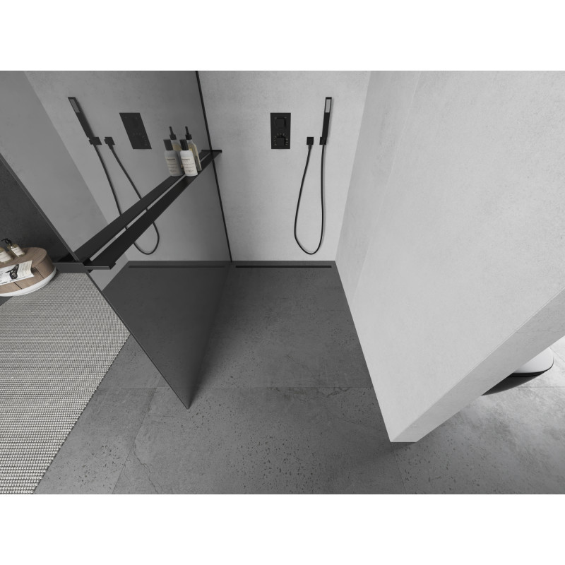 Mexen Kioto+ sprchová stěna s policí Walk-in 90 x 200 cm, zrcadlo, černá - 800-090-121-70-50