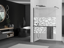 Mexen Kioto+ sprchová stěna s policí Walk-in 70 x 200 cm, bílý vzor, černá - 800-070-121-70-85