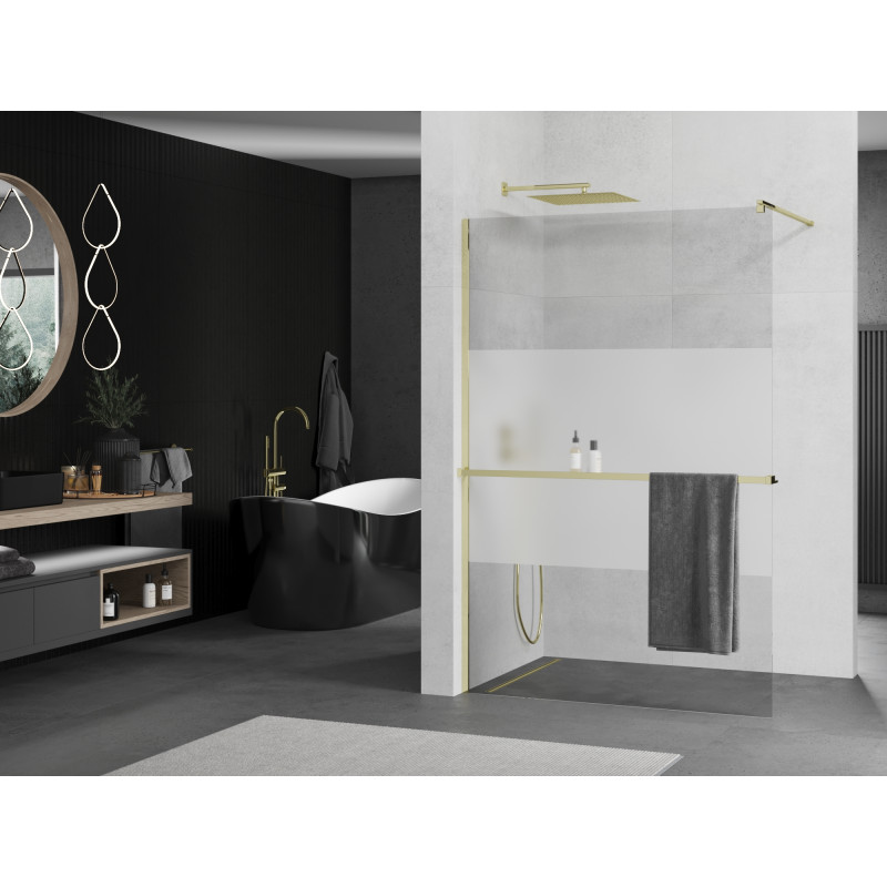 Mexen Kioto+ sprchová stěna s poličkou Walk-in 90 x 200 cm, průhledná/matná, zlatá - 800-090-121-50-35