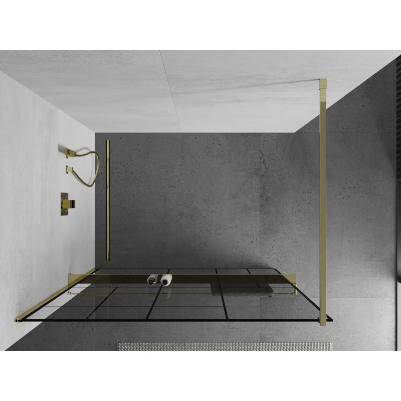 Mexen Kioto+ sprchová stěna s poličkou Walk-in 140 x 200 cm, černý vzor, zlatá - 800-140-121-50-78