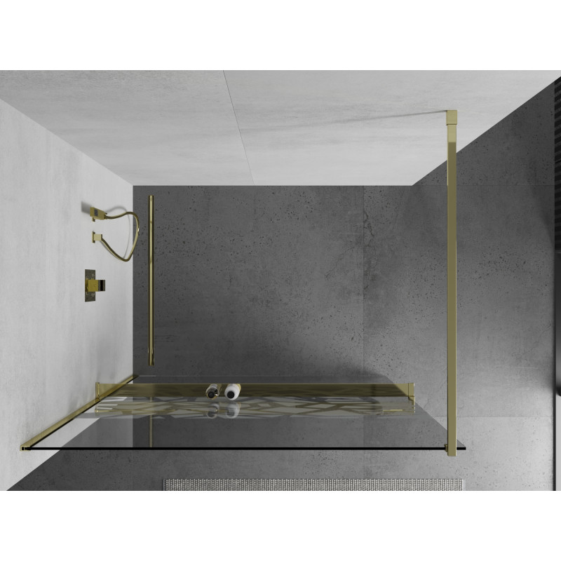 Mexen Kioto+ sprchová stěna s policí Walk-in 70 x 200 cm, bílý vzor, zlatá - 800-070-121-50-85