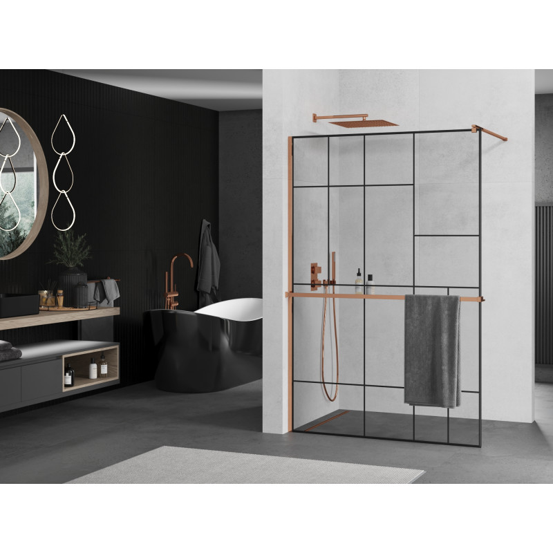 Mexen Kioto+ sprchová zástěna s policí Walk-in 90 x 200 cm, černý vzor, růžové zlato - 800-090-121-60-78