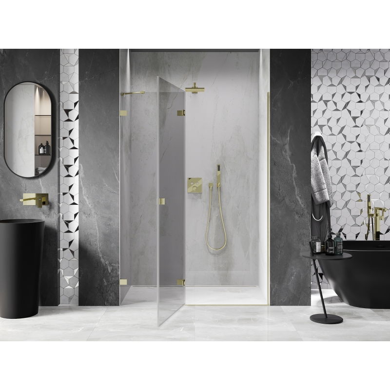 Mexen Lunar sprchové dveře otevírací levé 130 cm, transparentní, zlaté kartáčované - 834-130-000-55-00-L