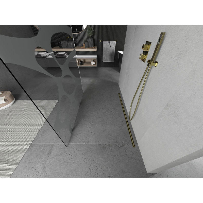 Mexen Kioto volně stojící sprchová stěna 100 x 200 cm, bílá vlna 8 mm, zlatá - 800-100-002-50-97