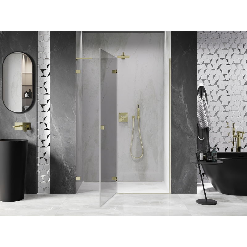 Mexen Lunar L sprchové dveře výklopné levé 130 cm, transparentní, zlaté kartáčované - 834L-130-000-55-00-L