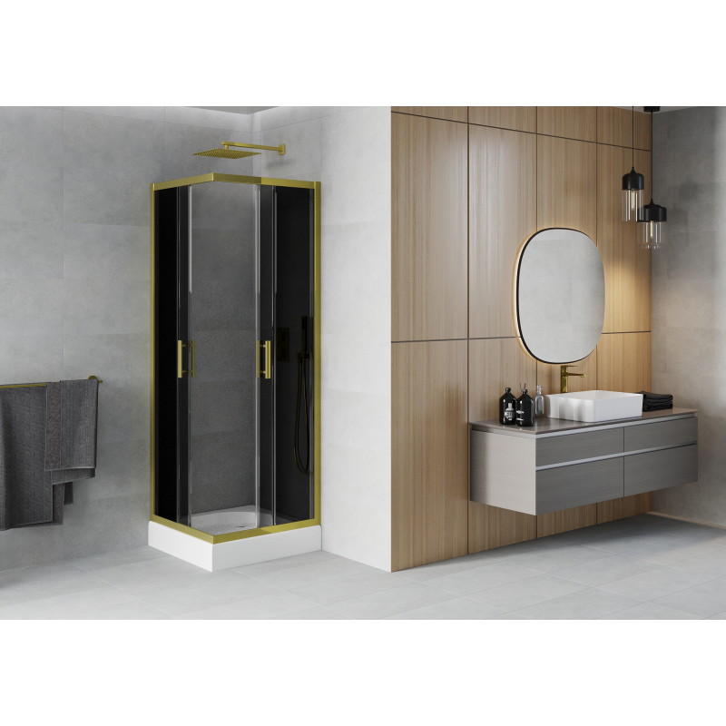Mexen Rio čtvercová sprchová kabina 80 x 80 cm, grafit, zlatá + sprchová vanička, bílá - 860-080-080-50-40-4510