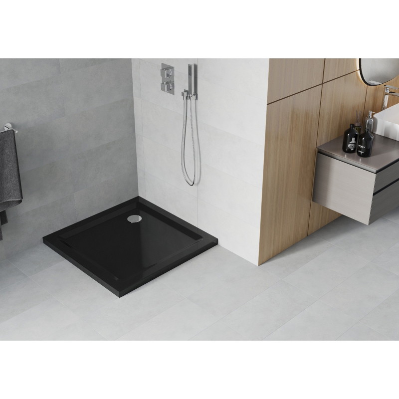 Mexen Flat čtvercová sprchová vanička slim 70 x 70 cm, černá, sifon chrom - 40707070