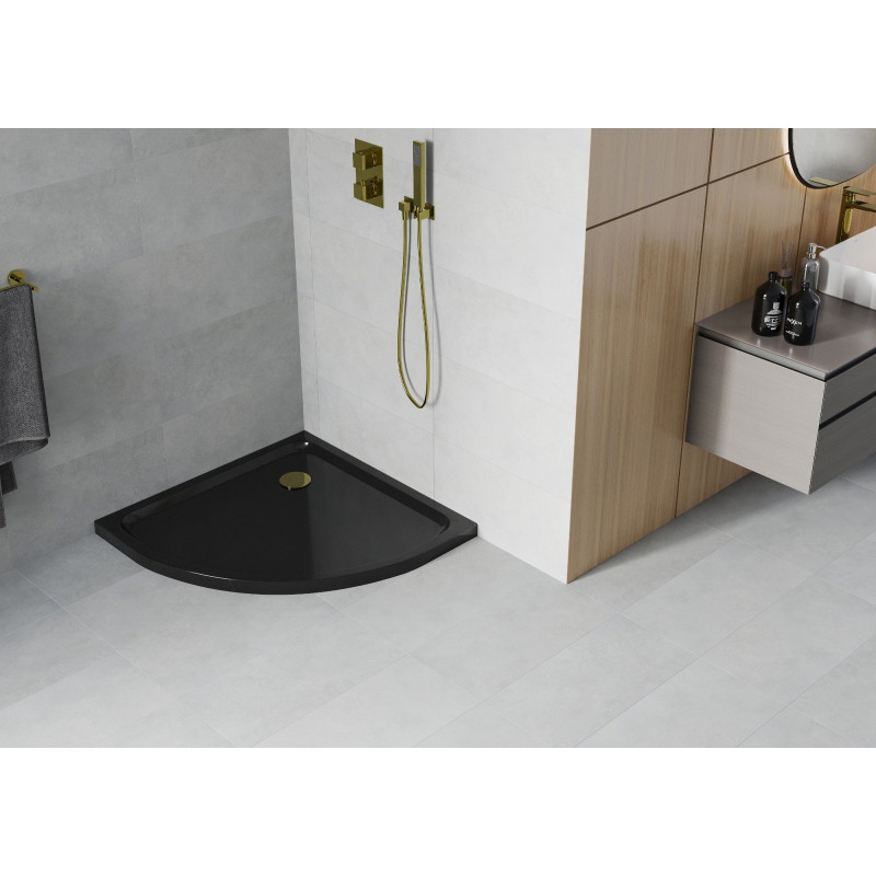 Mexen Flat sprchová vanička polooblouková slim 100 x 100 cm, černá, sifon zlatý - 41701010G