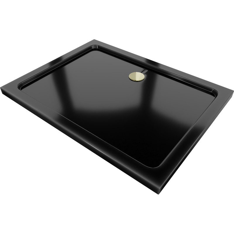 Mexen Flat obdélníková sprchová vanička slim 80 x 70 cm, černá, zlatý sifon - 40707080G