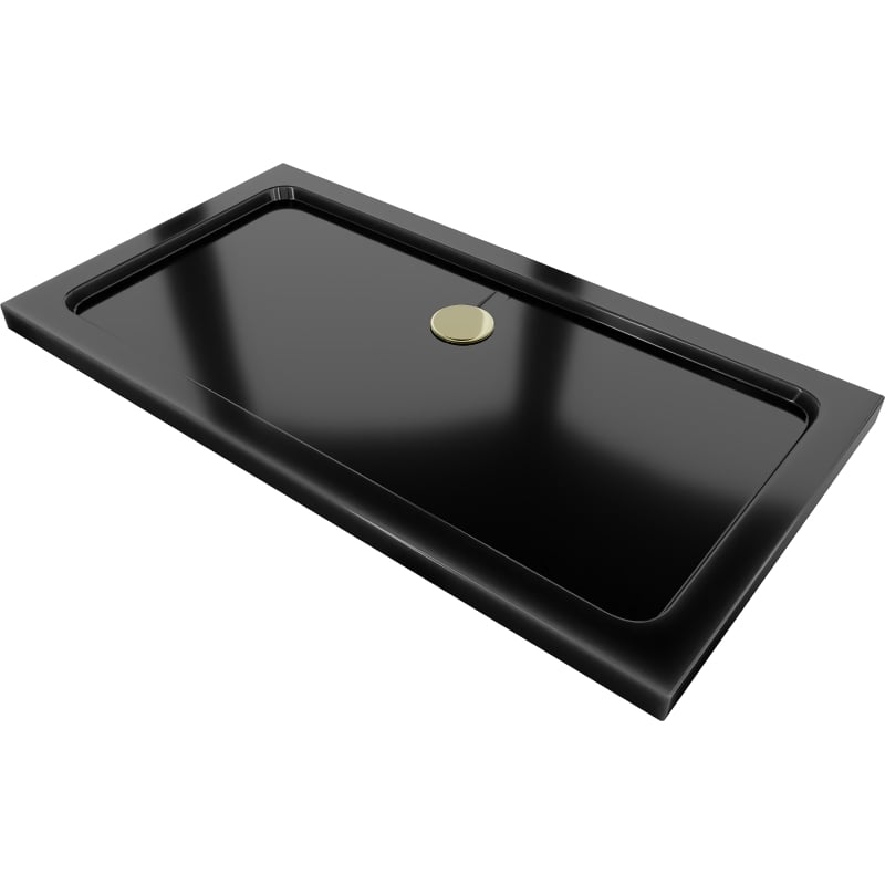 Mexen Flat slim obdélníkový sprchový kout 140 x 70 cm, černý, sifon zlatý - 40707014G