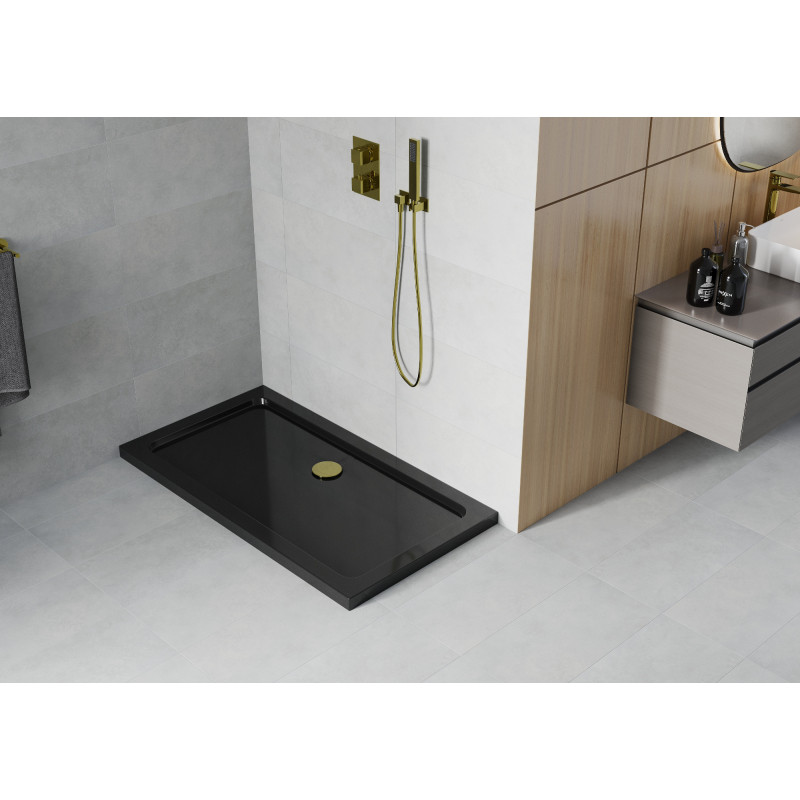Mexen Flat obdélníkový sprchový kout slim 140 x 70 cm, černý, sifon zlatý - 40707014G
