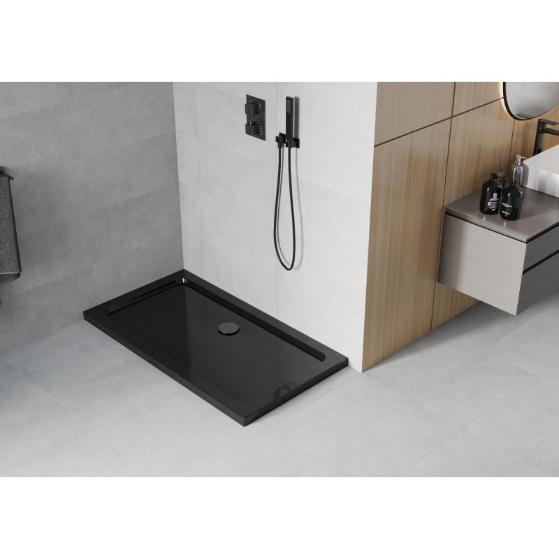 Mexen Flat obdélníkový sprchový kout slim 140 x 70 cm, černý, sifon černý - 40707014B